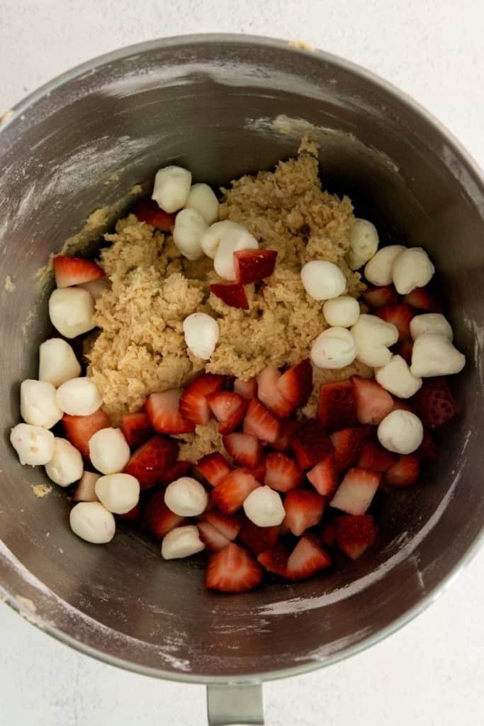 Ingredients for strawberry cheesecake cookies in mixing bowl