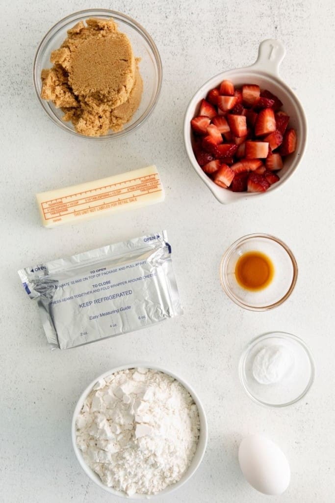Overhead of ingredients for strawberry cream cheese cookies