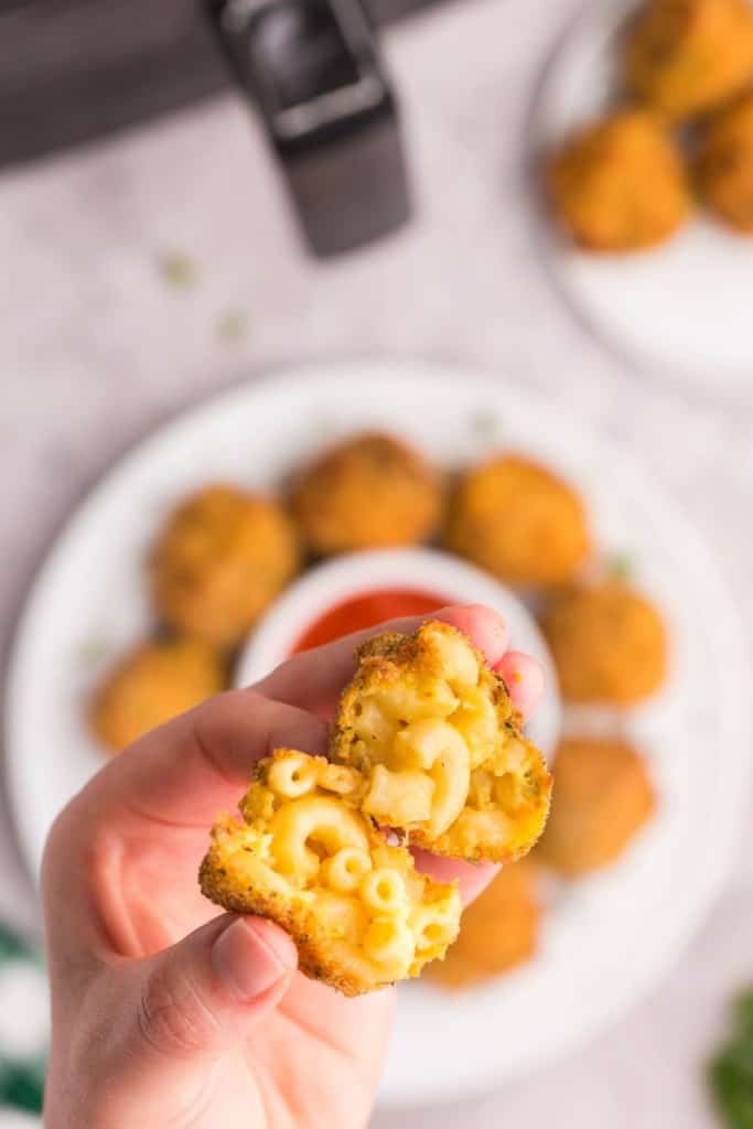 closeup of the inside of a mac and cheese bite