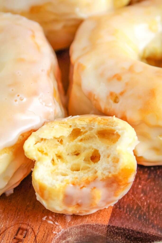 Very close up of the air fryer donut hole to see the texture in the inside.