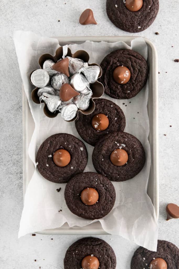 several chocolate kiss cookies with hershey kisses