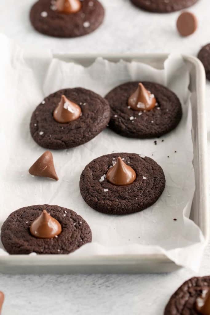 double chocolate cookies on baked sheet