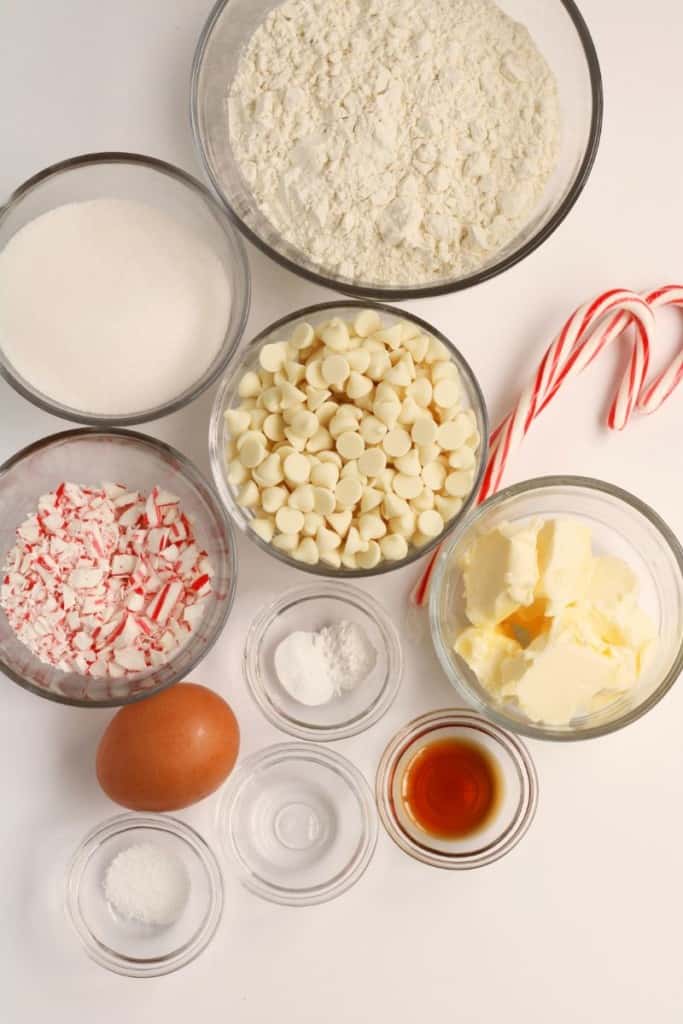 ingredients to make peppermint white chocolate cookies