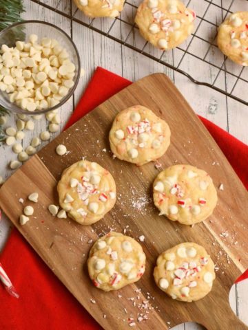 white chocolate peppermint cookies on a cutting board