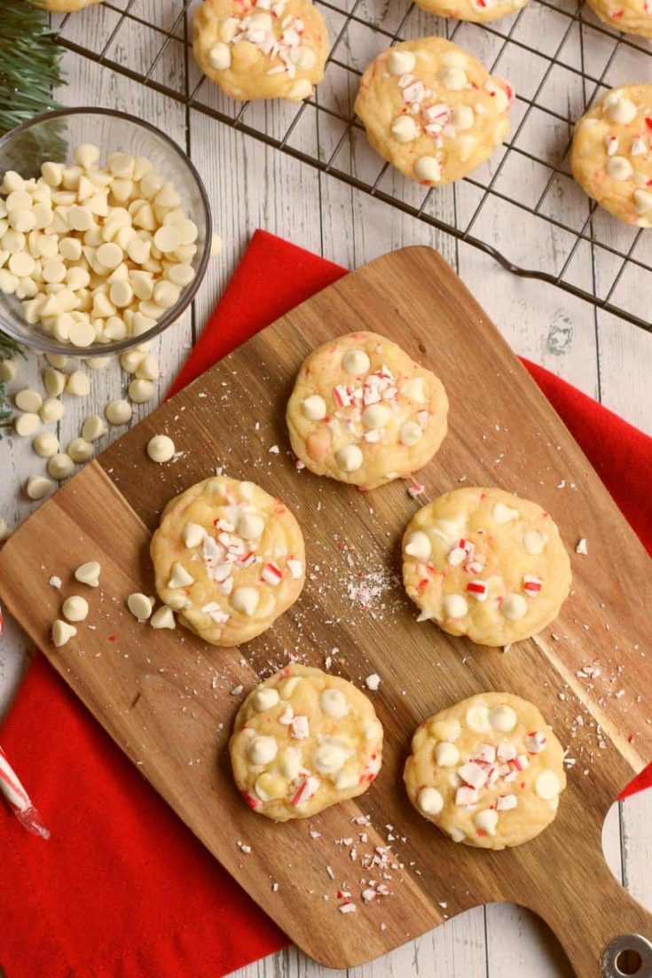 white chocolate peppermint cookies on a cutting board