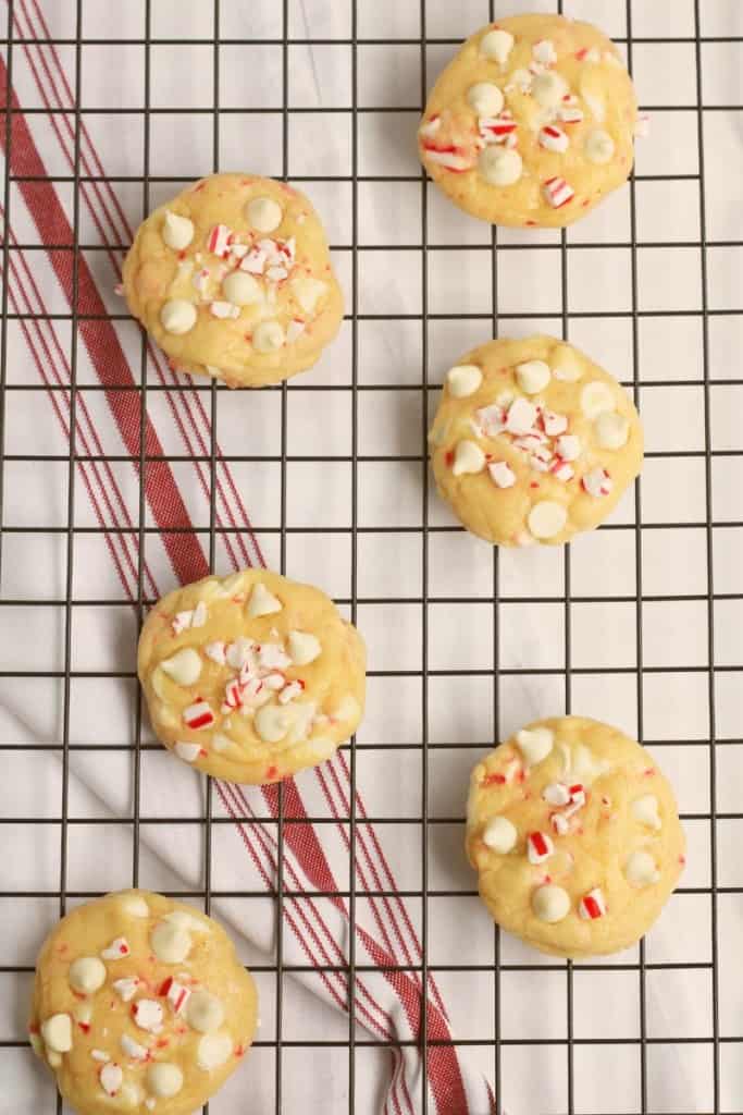 wire rack with white chocolate peppermint cookies