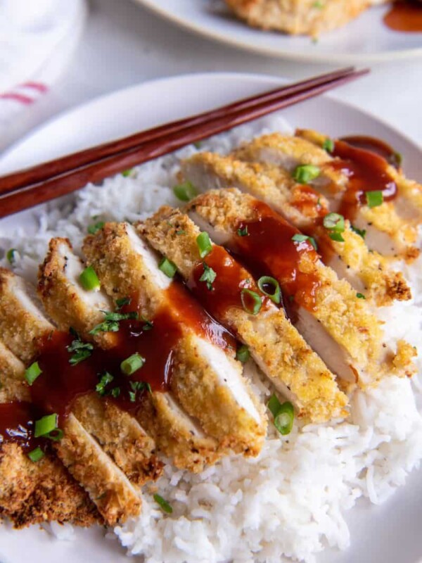 air fryer chicken katsu with sauce on top