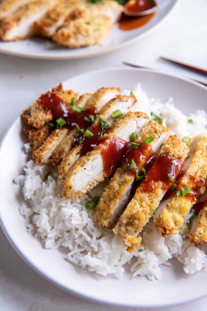 plate with slices of chicken katsu