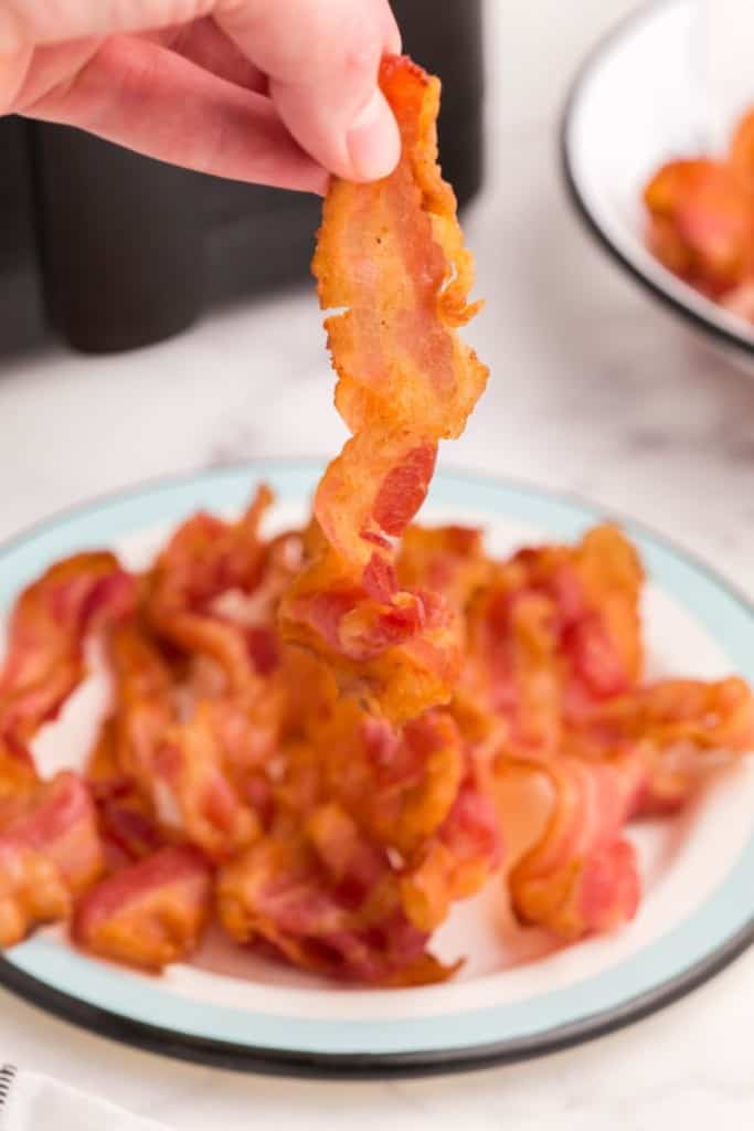 hand holding a piece of bacon