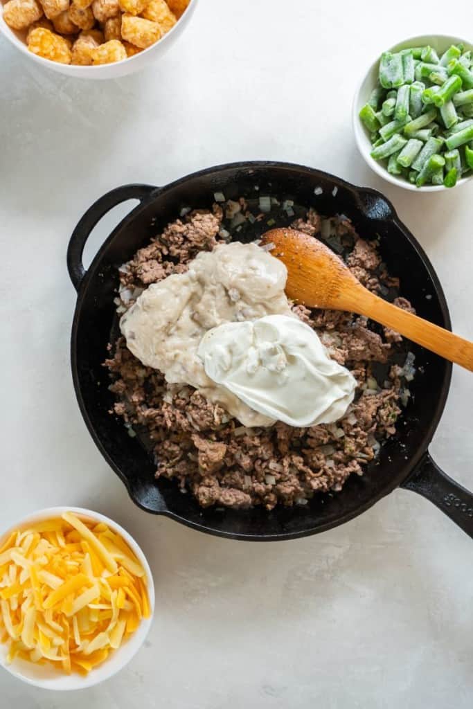 ground beef in skillet with soup