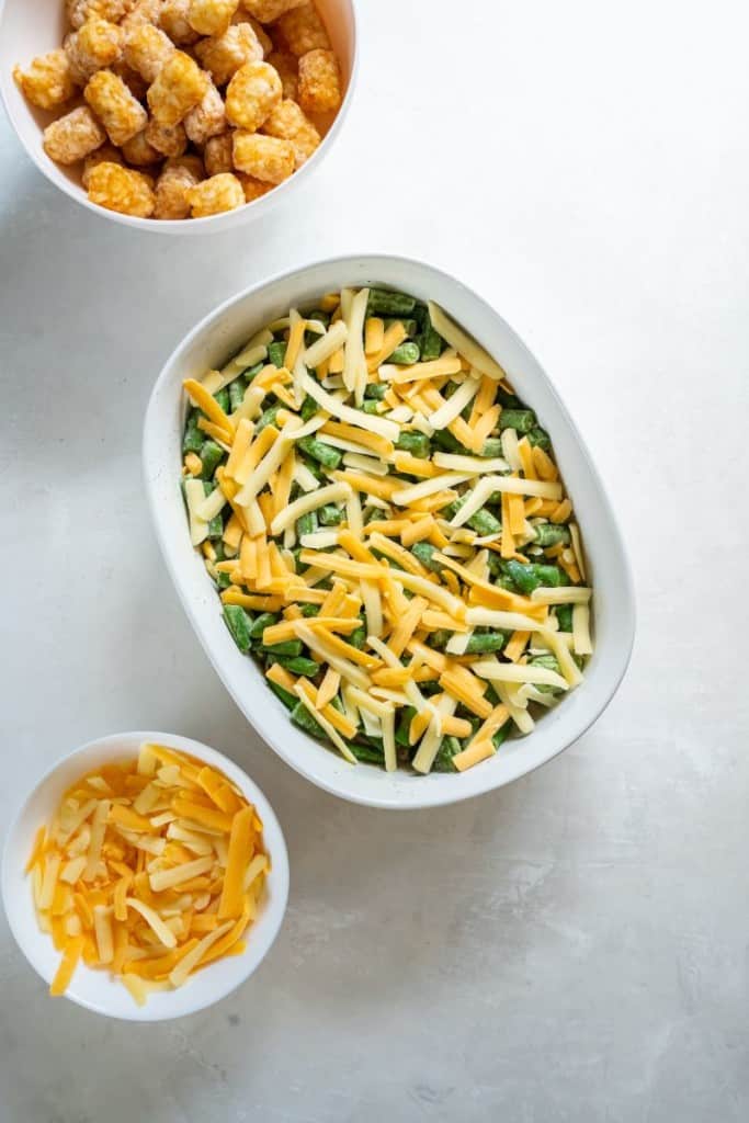 casserole dish with green beans and cheese