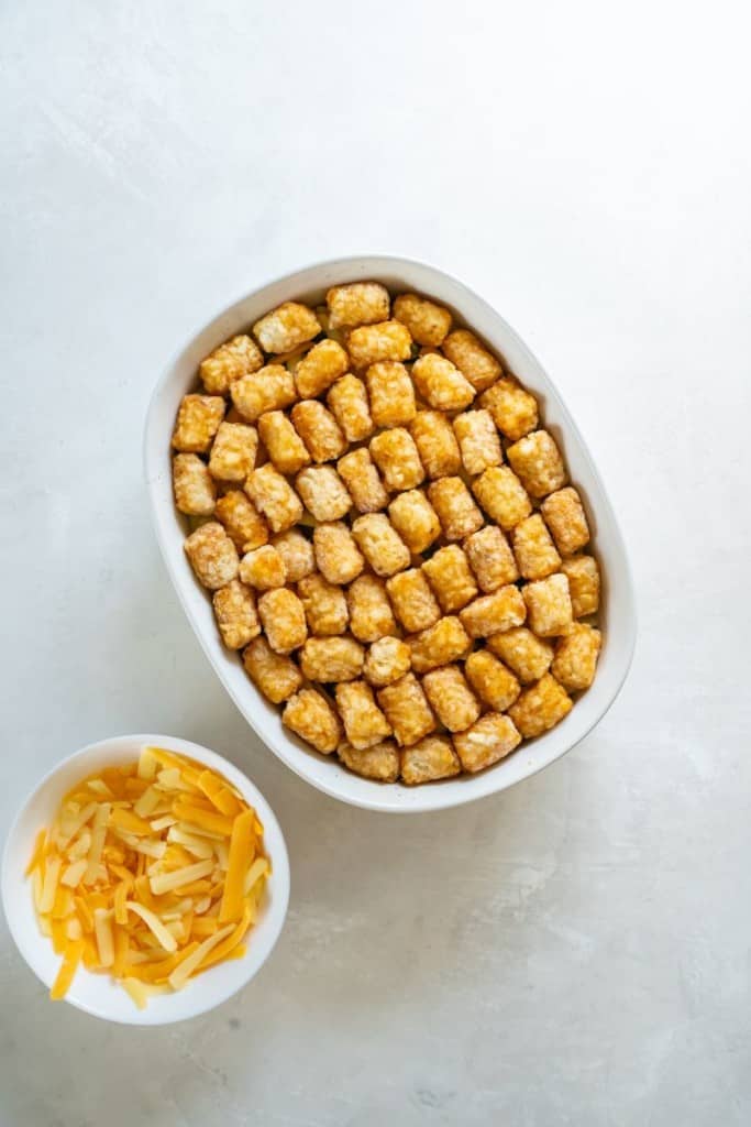 casserole dish with tater tots on top