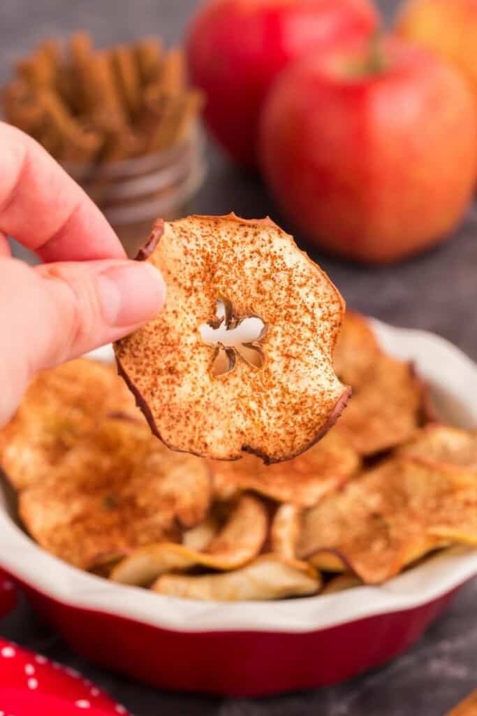 hand picking up an air fryer apple chips