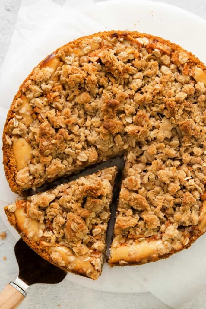 overhead view of an apple crumble cheesecake