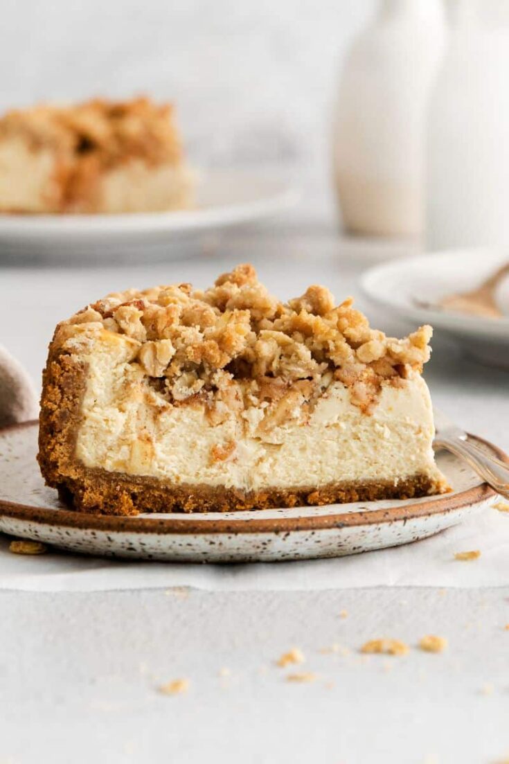 apple crumble cheesecake on a plate
