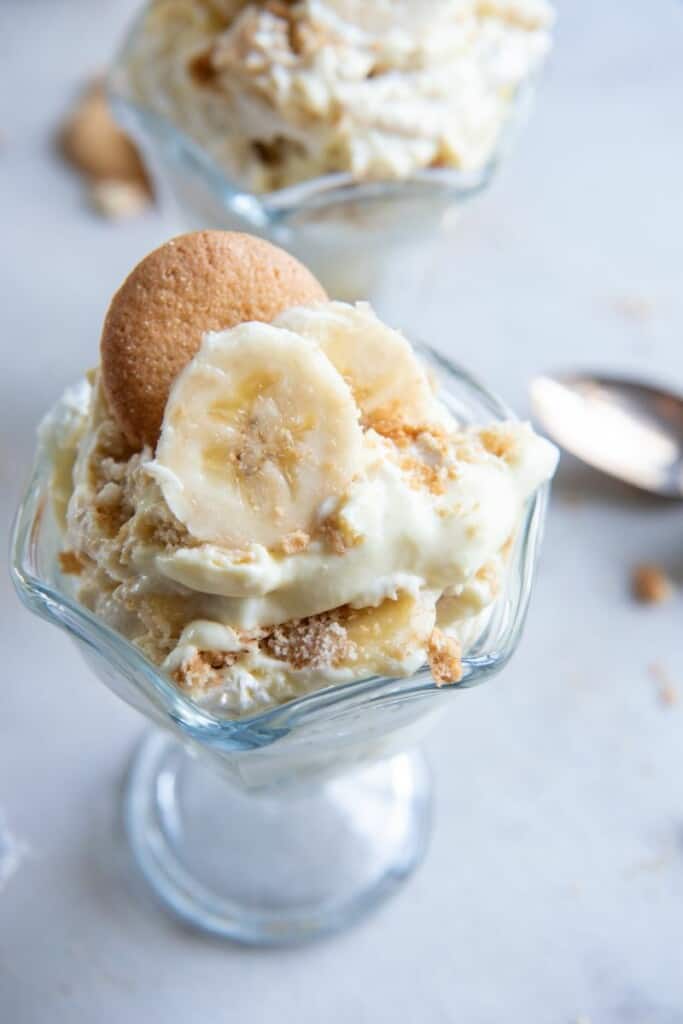 bowl with banana pudding with sour cream