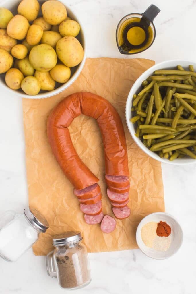 ingredients to make sausage green bean potato casserole