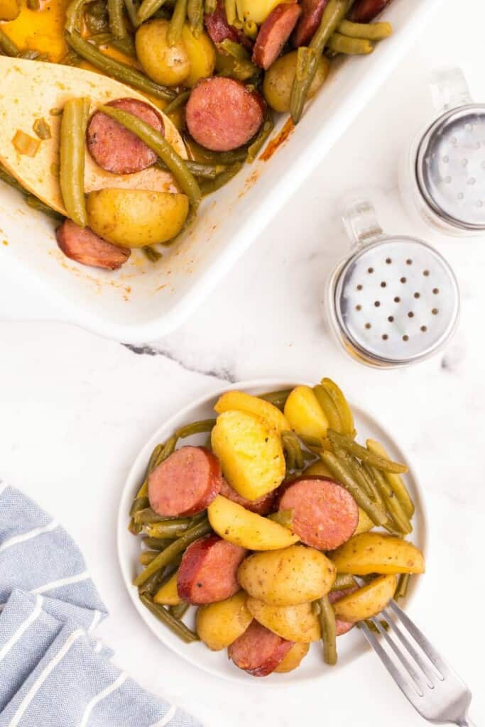 plate with sausage green bean potato casserole