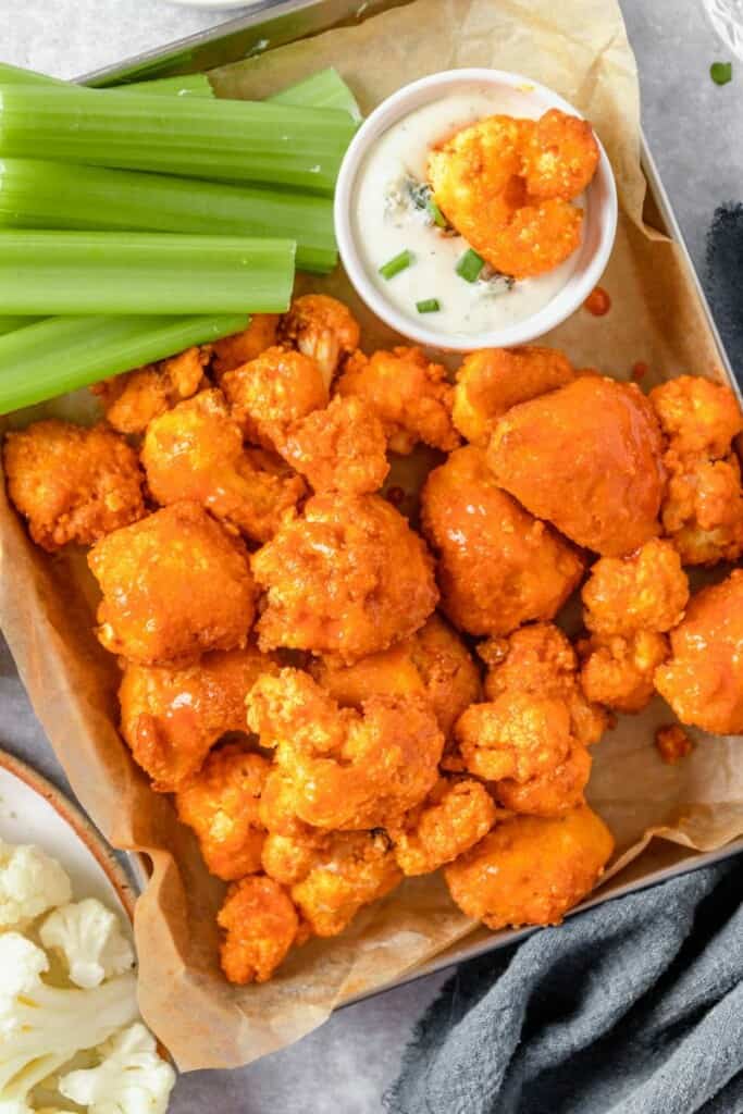 platter with a pile of cauliflower wings