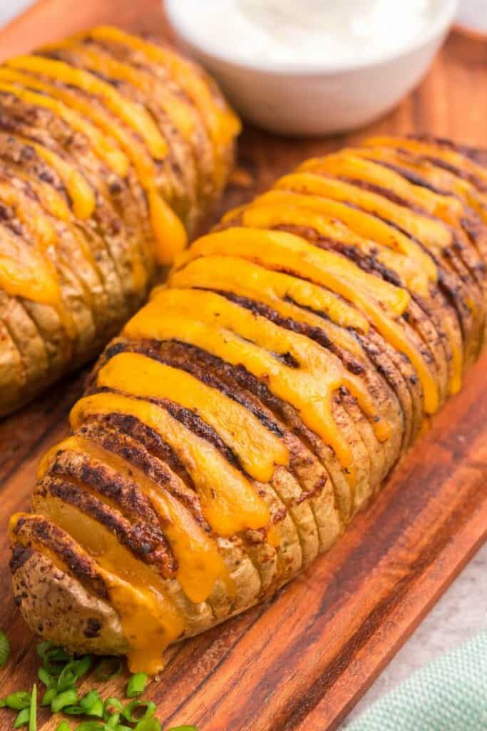 side view of air fried hasselback potatoes