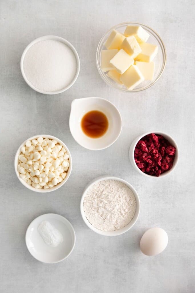ingredients to make white chocolate raspberry cookies