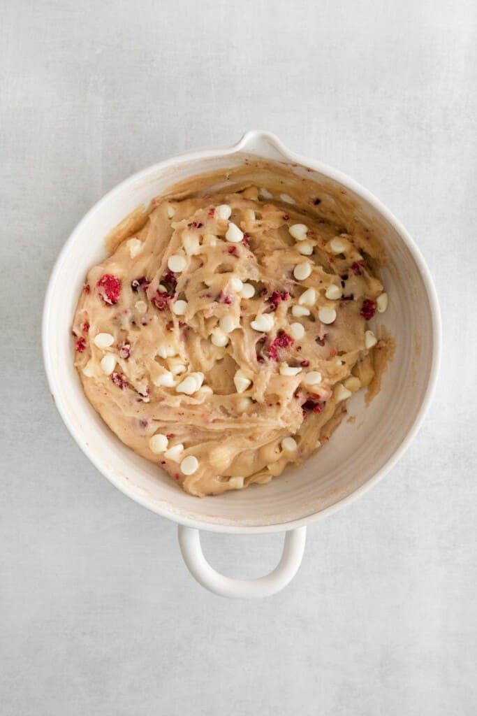 white chocolate raspberry cookie batter in bowl