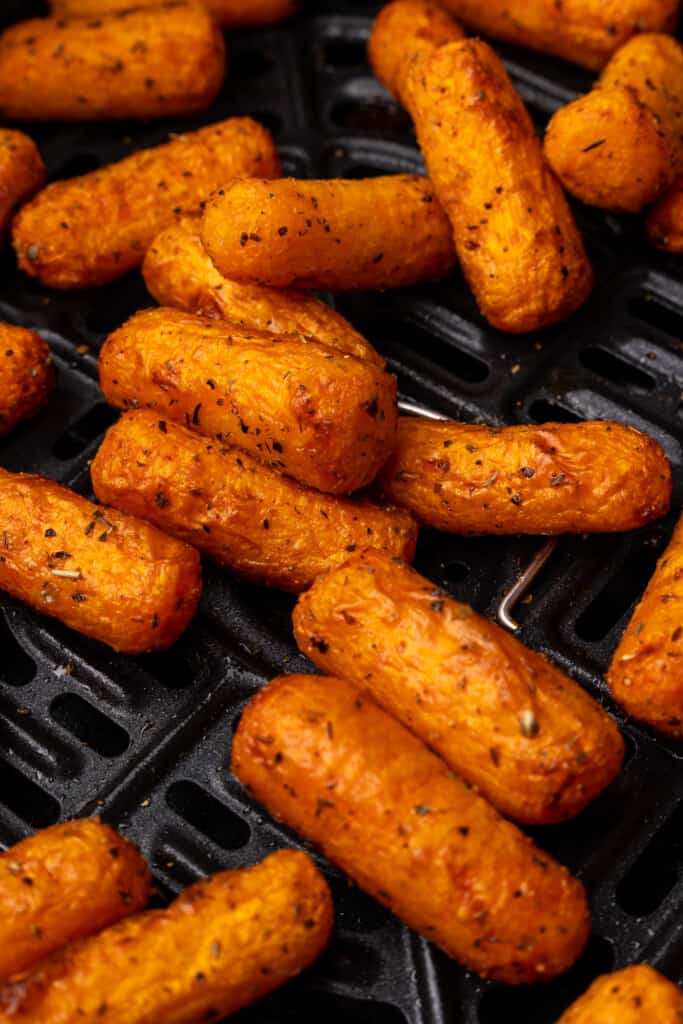 closeup of air fryer baby carrots