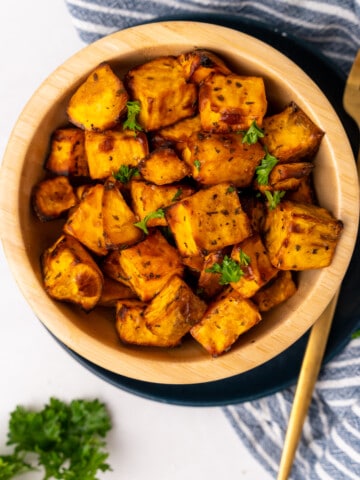 bowl with air fried sweet potato cubes