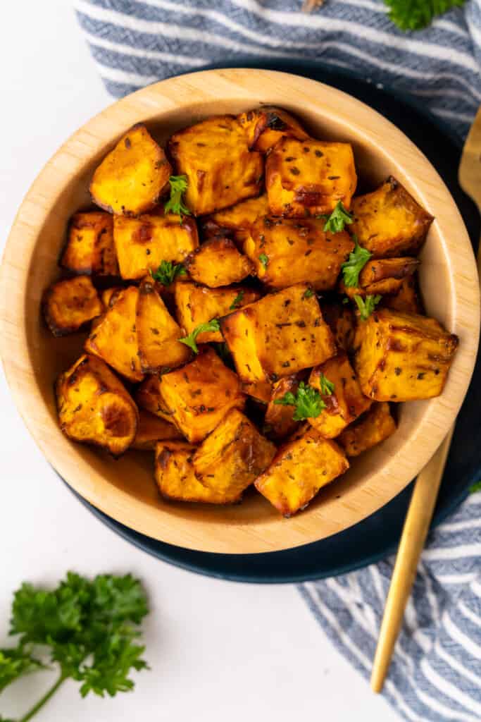 bowl with air fried sweet potato cubes