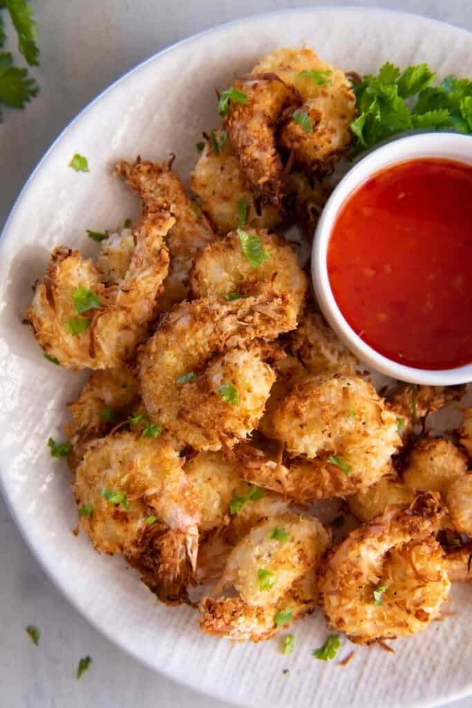 platter filled with coconut shrimp