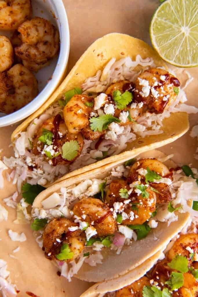 shrimp tacos on platter ready to serve