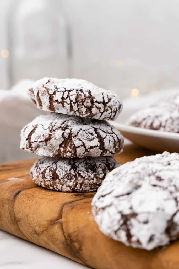 brownie crinkle cookies in a stack