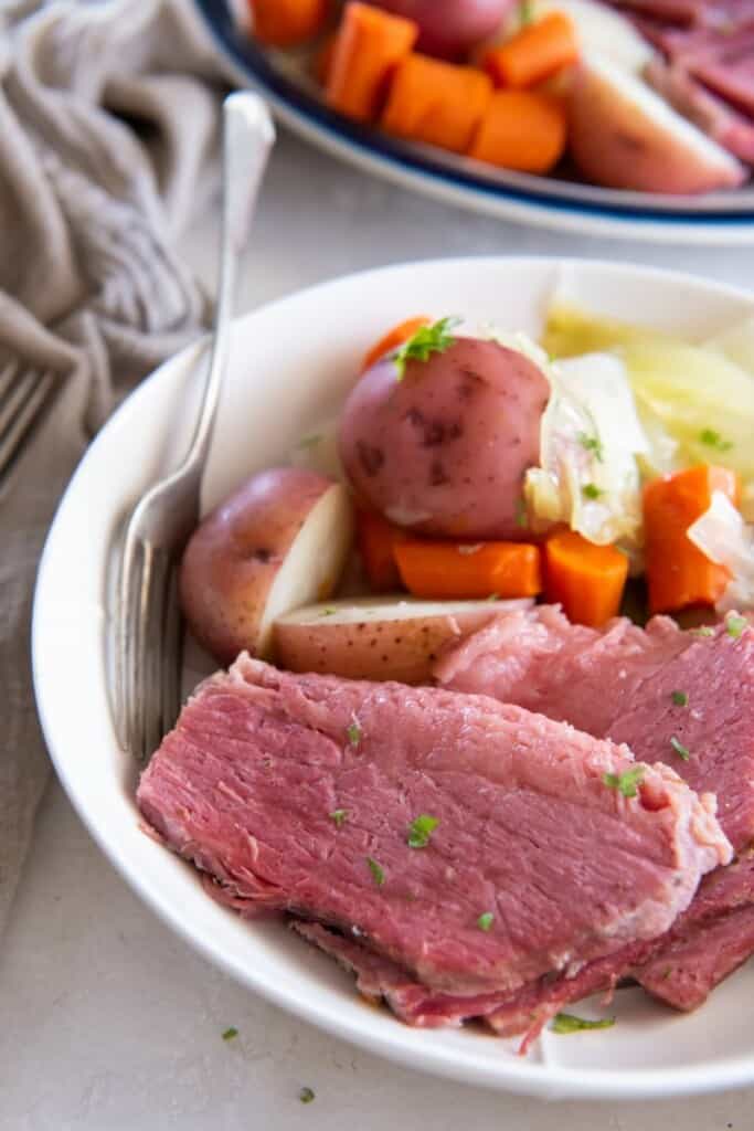 bowl with corned beef and cabbage