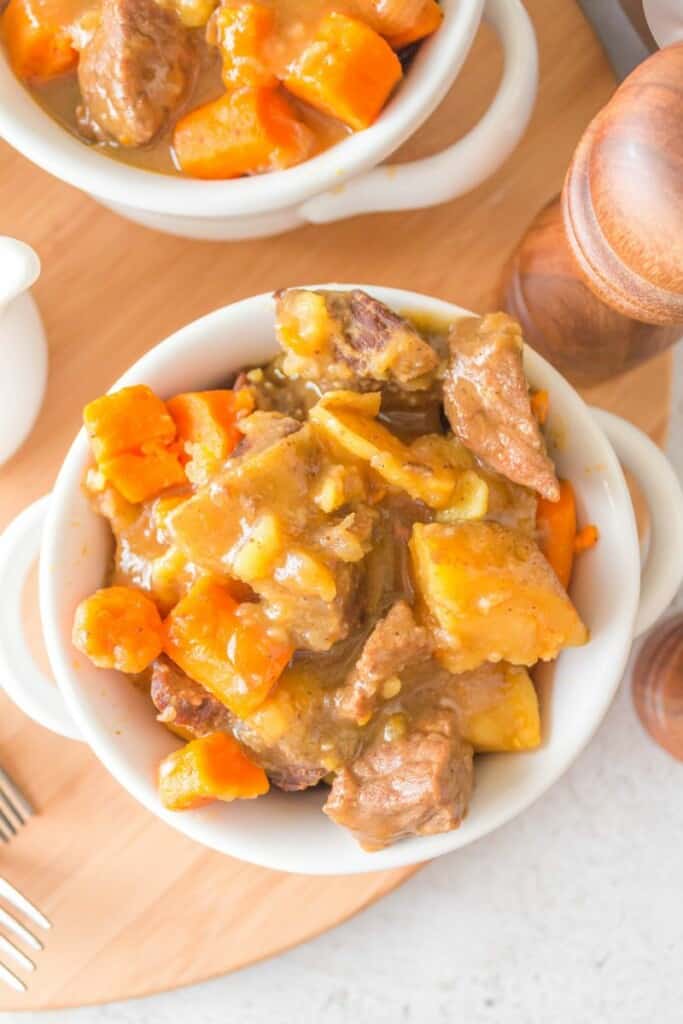 overhead shot of beef stew in a bowl