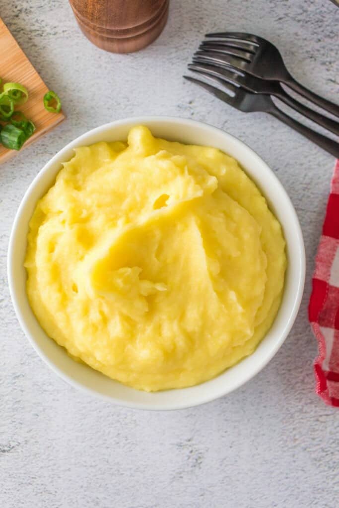 white bowl with mashed potatoes