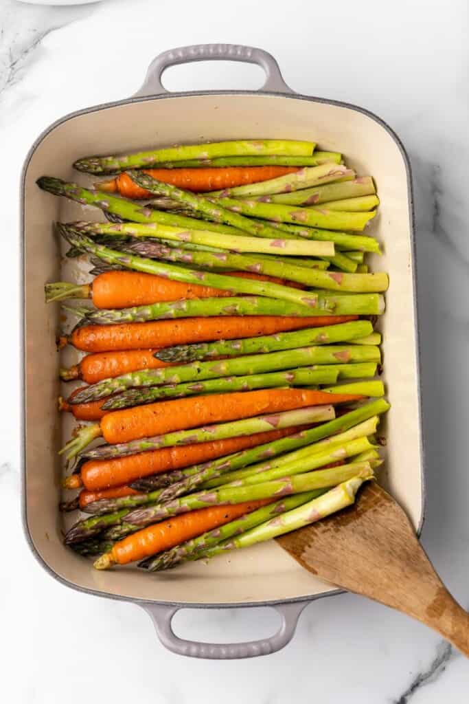roasted carrots and asparagus in casserole dish