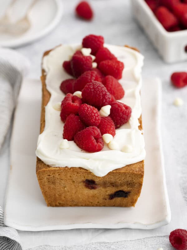 loaf cake on a white platter