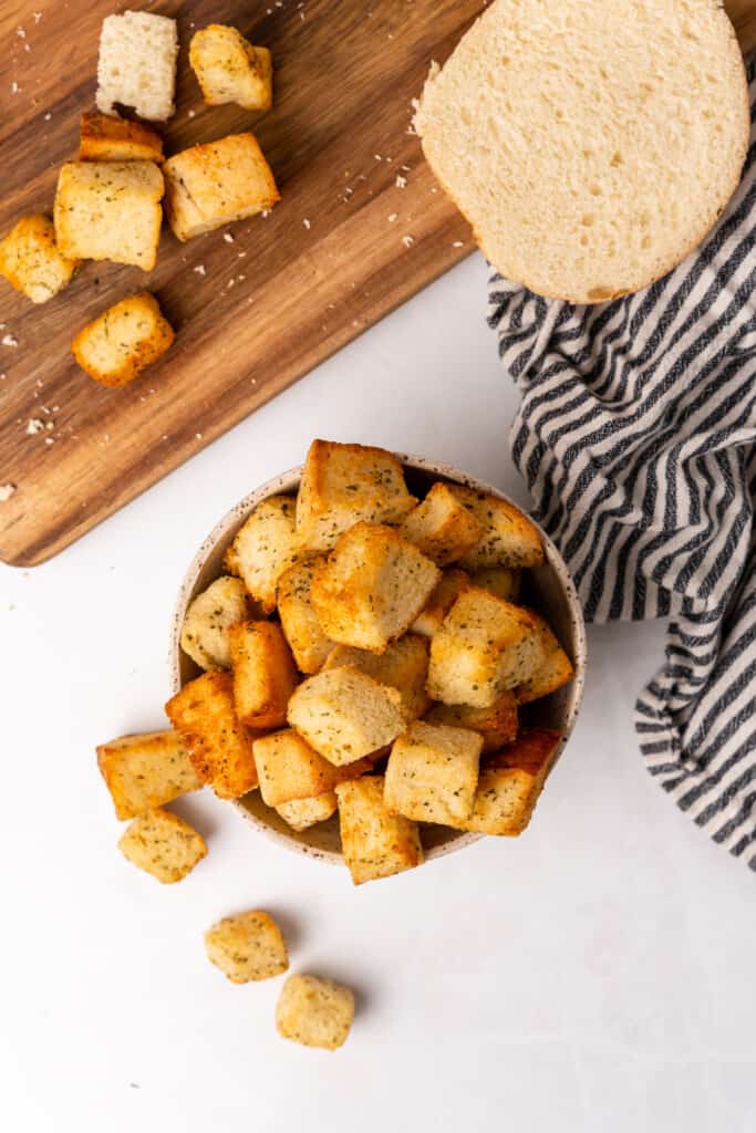 bowl overflowing with croutons