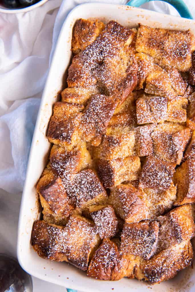 white casserole dish with brioche french toast