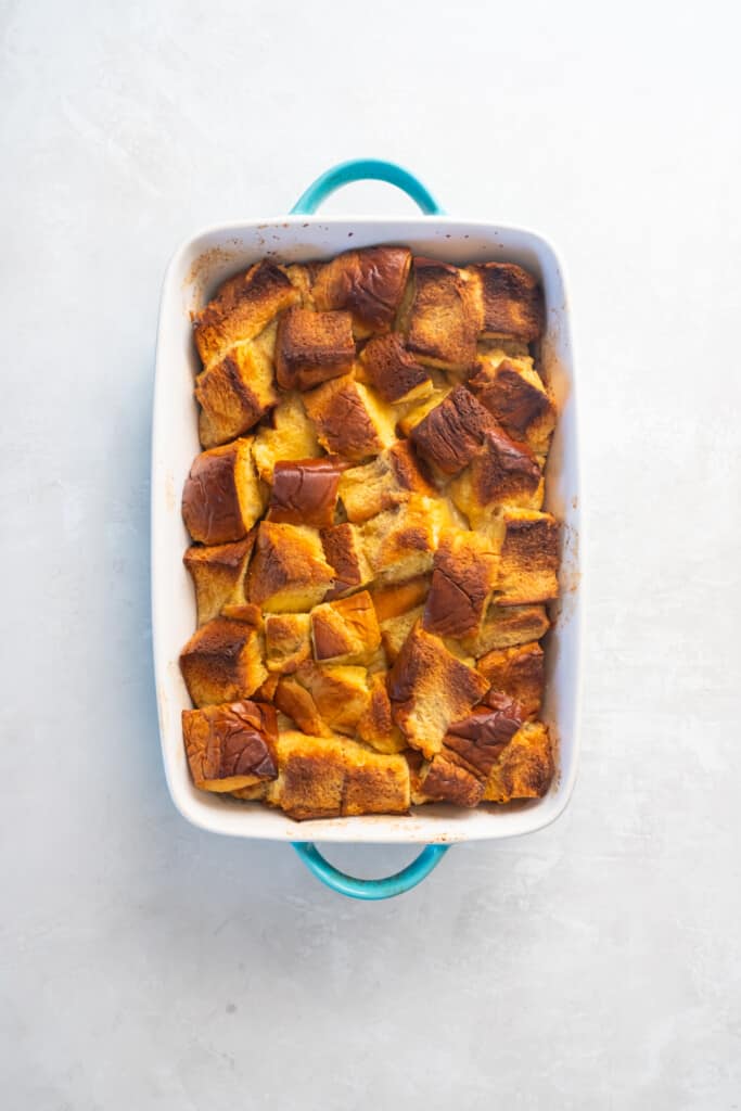 overhead shot of baked brioche french toast casserole
