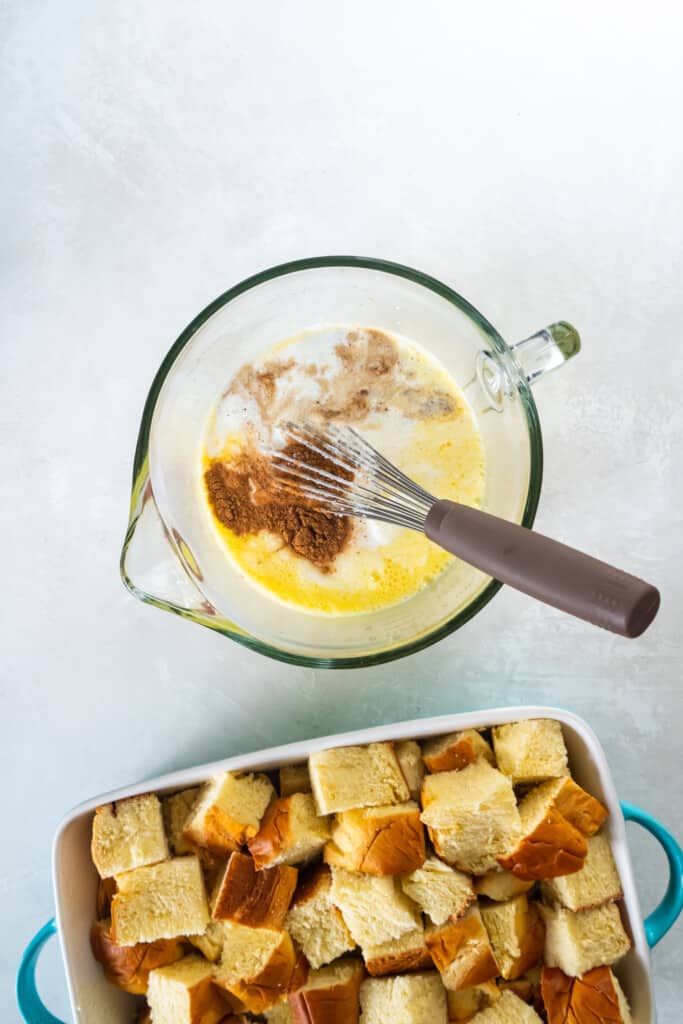 combining ingredients to pour over brioche bread