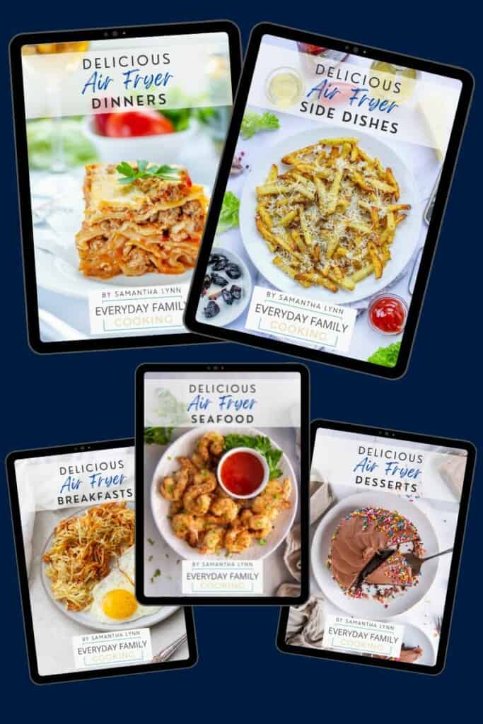 5 ebooks -- air fryer dinners, air fryer side dishes, air fryer breakfasts, air fryer seafood, and air fryer desserts