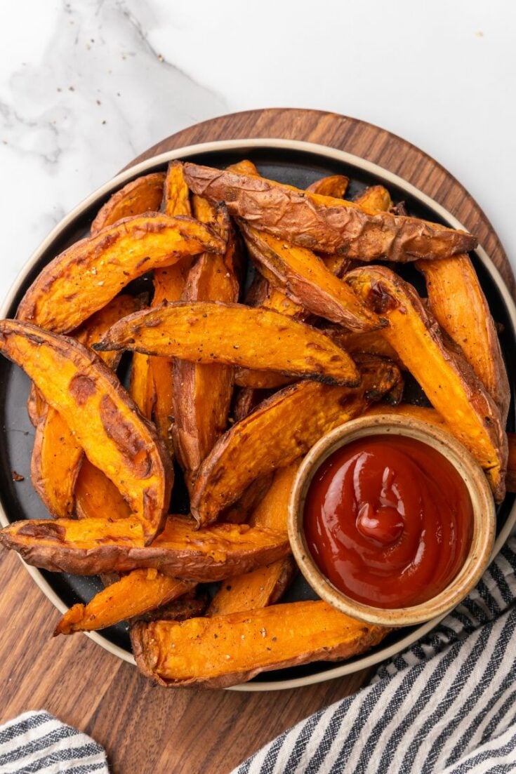 overhead shot of serving plate with sweet potato wedges