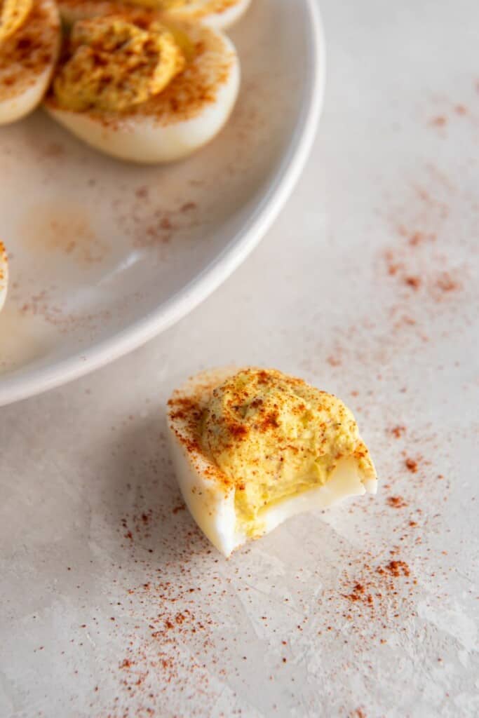 deviled egg with a bite out of it
