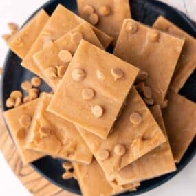 overhead plate with pieces of peanut butter fudge