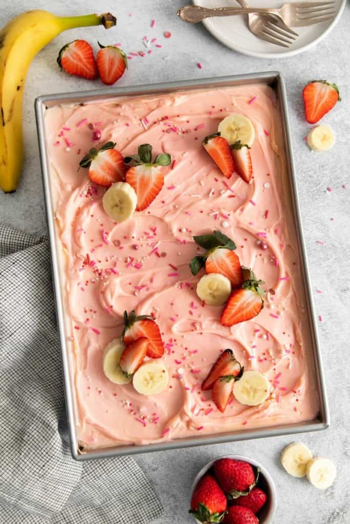 strawberry banana cake in pan