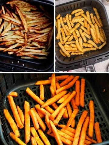 Collage of air fryer fries (french fries, crinkle cut fries, and sweet potato fries)