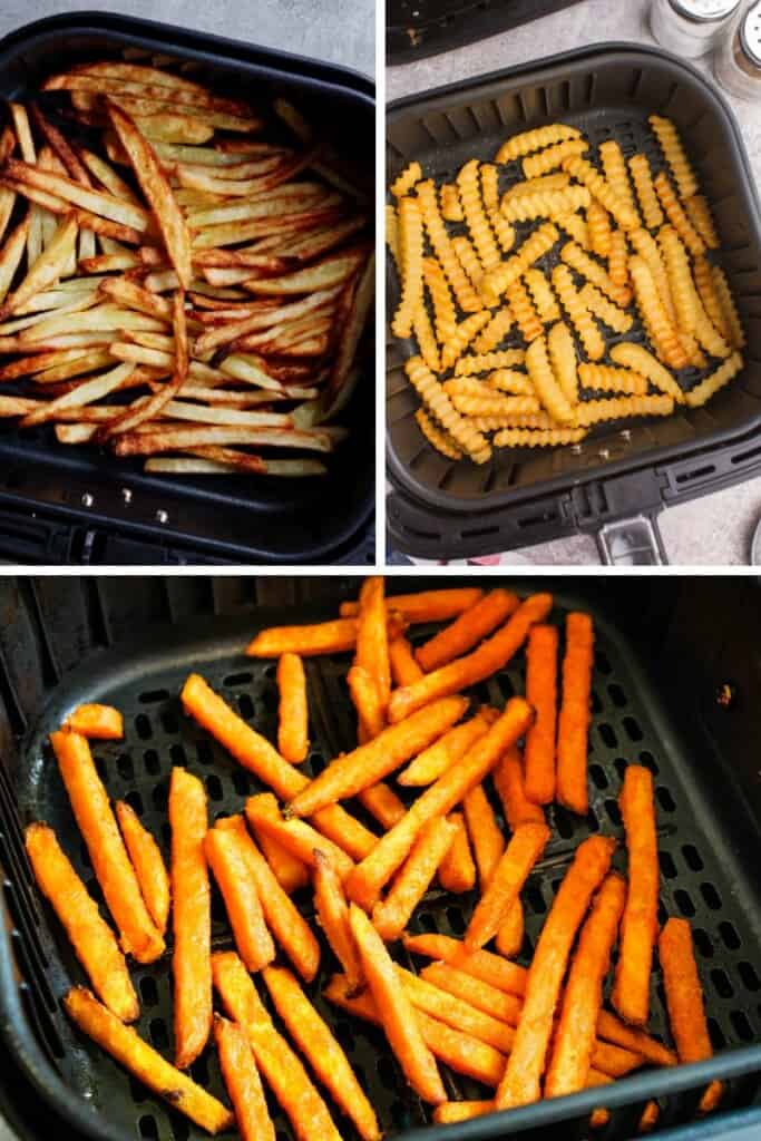 Collage of air fryer fries (french fries, crinkle cut fries, and sweet potato fries)