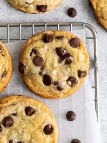 Close up of the chocolate chip cookie recipe without brown sugar on a wire rack.