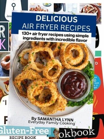 Collage of air fryer cookbooks with delicious air fryer recipes cookbook on top